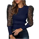 Kolylong® Damen Sexy Glitzer Langarmshirt Mit Puffärmel Elegant Langarm Oberteile Tops Tüll Mesh Sweatshirt Mode Spleißen Sweatshirt Slim Fit T-Shirt Freizeit Blusenshirt Tunika Top