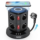 bedee Mehrfachsteckdose mit 7,5 W / 10 W Induktive Ladestation, 8 Fach Steckdosenleiste (2500 W / 10 A) mit 3 USB Verteiler Steckerleiste Überspannungsschutz und Schalter für Zuhause Büro,Schw