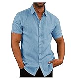 Siyova Herren-Hemd aus Baumwoll-Leinen, Knopfleiste, schmal, kurzärmelig, einfarbig, bequem, T-Shirt für Angeln, breiter Kragen, lässig, für Urlaub, Strand und Sommer, Blau XXXL