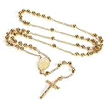 FaithHeart Auto Rosenkranz Kette für Damen und Herren mit Kreuz Anhänger Marienbild Gold Perlen Farbe 18K Verg