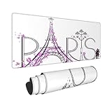 Extra Groß Mauspad mit Genähten Kanten,XXL-90 x 40 x 0.3cm,Turm Eiffel mit Pariser Schriftzug,Schreibtisch Mat Personalisiert für Die Arbeit Spiel Büro Computer Laptop