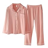 Komiseup Pyjama Damen Baumwolle Single Pocket Solid Cardigan Langarm Nachtwäsche Tops Und Hosen Turndown Anzug