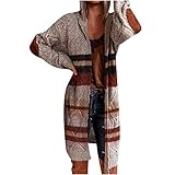 Jinkulya Strickjacke Damen Lang, Winterjacke Lange Boho Open Front Cardigan für Frauen Gestrickte Leichte Aztec Outwear Pullover Herbst Winter Mit Kapuze Mantel Jacke W