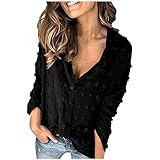 VESNIBA Damen-Bluse mit V-Ausschnitt, Chiffon, Pompom, lange Ärmel, Knopf, für Revers, Puffy, Punktemuster, einfarbig, Übergröße, A06_schwarz, XXL