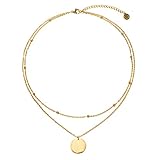 LEGITTA Damen Layered Zweireihige Kette mit Runder Plättchen Anhänger in Gold Zarte Kreis Mehrreihige Edelstahl Halskette aus Titan nick