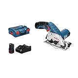 Bosch Professional 12V System Akku Kreissäge GKS 12V-26 (Sägeblatt- : 85 mm, inkl. 2x3.0Ah Akkus und Ladegerät, in L-BOXX 136) Blau Schw