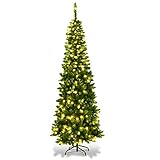 COSTWAY 135/200/225cm Bleistift Weihnachtsbaum mit warmweißen LED-Leuchten, künstlicher Tannenbaum mit Klappsystem und Metallständer, Christbaum PVC Nadeln, Kunstbaum Weihnachten Grün (200cm)