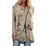 Damenoberteile Langarm Pullover mit Drucken Langarmshirts V-Neck Tasten Tunika Langarm Freizeit T Shirts Blusen Sweatshirts Tops für den Winter Sweatshirt Oberteile(Khaki,M)