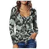 Damen Camo Pullover mit V-Ausschnitt Sweatshirt Oversize Sexy Hemd Shirt Langarm Casual Mode Camouflage Tunika-Oberteile für Herbst und W