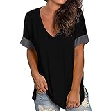 PRJN Damen Kurzarm T-Shirt Einfarbig V-Ausschnitt Lang Casual Tops Damen Kurzarm Sommer V-Ausschnitt Basic T-Shirts Casual Damen Sommer Kurzarm T-Shirt V-Ausschnitt Plain T-Shirt T-Shirt für D