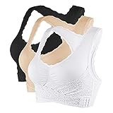 Vertvie Damen Spitze Sport BH Front Closure Racerback Bustier Dünn Lace Bra Push Up Ohne Bügel Gepolstert Top Stretch Weich Wohlfühl-BH für Yoga Fitness(3er Schwarz+Weiß+Huat,M)