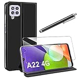 AROYI Kompatibel mit Samsung Galaxy A22 4G Hülle und Panzerglas, Touchscreen-Stift, Samsung Galaxy A22 4G PU Leder Tasche Case Flip Schutzhülle mit Ständer und Kartenfach für Samsung A22 4G Schw