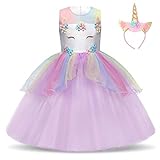 NNJXD Mädchen Einhorn Kleid Blume Applique Party Cosplay Halloween Phantasie Kostüm Headwear Größe (130) 5-6 Jahre 439 L