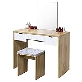 EUGAD Schminktisch mit Hocker, einem große Spiegel und 3 große Schubladen, 100x49,5x129,5cm(L*B*H), Schreibtisch Kosmetiktisch Set mit große Tischplatte, Eiche+Weiß