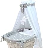 Babymajawelt® Ersatz Bett Set für Stubenwagen - 7 Teile, Bettwäsche, Nestchen, Himmel, Steppbett, Spannbetttuch (ohne Stubenwagen) (Stars grau)
