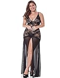LINGERLOVE Sexy Dessous Lang Negligee Große Größen Spitze Kleid für Damen Transparent Nachtwäsche Langes Dessouskleid mit G-String…