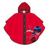 PERLETTI Miraculous Ladybug Regenponcho - Lady Bug Regen Mantel für Mädchen - Wasserdichtes Regencape mit Kapuze und Knöpfe - Kinder Poncho Rot mit Schwarzen Tupfen Punkten (Rot, 3/6 Jahren)