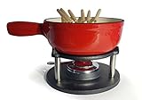 osoltus Fondue-Set für Schokoladen-, Fleisch- oder Käsefondue - Fondue-Topf für 6 Personen - emailliertes Gusseisen & Brenner - ⌀ 20 x 8 cm - R