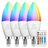 E14 Led Lampe 5W (ersetzt 40W), Kerze Glühbirnenm, RGBW mit Fernbedienung Warmweiß 2700K Ambiente RGB Farbwechsel Farbige (4er-Pack)