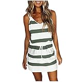 Freizeitkeid Damen Sommerkleid Freizeit Kurzarm Elegant Kurze Kordelzug Blusenkleid Minikleid mit Taschen Party Strandkleider Streifen Loose T Shirt Kleid Damen Kleid mit V Ausschnitt Swing