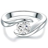Tresor 1934 Damen-Solitärring Sterling Silber Zirkonia weiß im Brillantschliff - Spannring gedreht Verlobungsring Antragsring Trauring