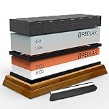 RedLar Premium Schleifstein-Set mit 4-seitiger Körnung 400/1000 3000/8000 Wasserstein | Wetzstein Messerschärfer mit rutschfester Gummi-Basis, Abflachstein, Winkelführung | Messerschärfer-S