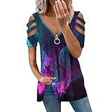 T Shirt Damen Grosse GröSsen Tops für Frauen Kurzarm Sommer Lässig Trendy Kurzarm Blusentops Freizeit Lose Casual Top Bedrucktes Knopfausschnitt T Shirts Blusen Basic T S