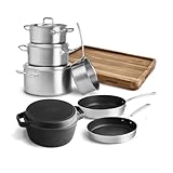 Tim Mälzer Küchen-Starterset 8-tlg. Edelstahl mit 3 Kochtöpfen + 1 Stielkasserolle, 2 Bratpfannen, 1 Gusseisen-Bräter, 1 Akazienholz-Schneideb