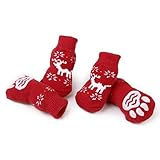 LUOEM 4 Stück Anti Rutsch Socken Hunde Kleine Hundetatzenschutz Puppycat Socken Weihnachten Rentier mit Paw Prints Größe S