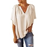 Damen T-Shirt Sommer Tops V-Ausschnitt Kurzarm T-Shirts Chiffon Shirt Bluse Damen Kurzarm T-Shirt V-Ausschnitt Lose Freizeitbluse Tunika Tops Leichte Loungewear Damen V-Ausschnitt Chiffon S