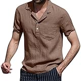 Mens Coton Linen Henley Shirt Spread Collar Button Business Dress Shirt Solid Color Lightweight Quick Dry Tunic BlouseExercise Sport Vest Pullover Blouse Hawaii Beach Shirt(Khaki,XXXL)