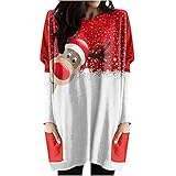 Damen Rundhals Weihnachten Party Kleid Retro Gedruckt T-Shirt Langarm Sweatshirts Kleid mit Tasche Kleid, Rot5, M