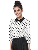 Allegra K Damen 3/4 Ärmel Bubikragen Polka Dots Top Bluse Weiß M
