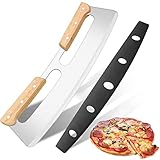 KUONIIY Pizza Wiegemesser, Pizzaschneider mit Doppeltem Holzgriff, Pizzamesser aus Edelstahl mit Schutzhülle, Geeignet zum Schneiden von Pizza, 35