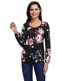 Yesfashion Damen-Oberteil, langärmelig, U-Ausschnitt, verdreht, plissiert, Bluse, C1-Puffärmel, Blumenmuster, Schwarz, M