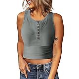 T-Shirts Damen Sommer,Frauen Gerippter Rundhalsausschnitt Knopf ärmellose Oberteile Hemden schmal geschnittene Freizeitbluse Tuniken Blusen Tshirts Elegante Crop Top Tunika-Shirts Basic-S