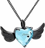 YNNANGG Asche Halskette Yinplsmemory Schwester Geschnitzte Engelsflügel Herz Geburtsstein Asche Halskette Urne Anhänger Andenken,Sky Blue-B