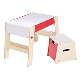 roba Maltisch & Hocker Set, Kindertisch & -Stuhl Kombination Holz natur/rot, Schreibtisch für die Vorschule inkl. Stuhl mit Pap