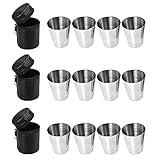 MOPOIN 12 Stück Flachmann Becher, Edelstahl Becher Schnaps-Gläser aus Metall Edelstahl-Becher Set Metall-Becher mit Leder-Tasche Schnapsgläser, ideales Flachmann-Zubehör, Tolle Geschenk-I