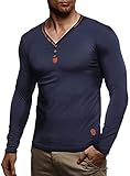 Leif Nelson Herren Longsleeve V-Ausschnitt Slim Fit Baumwolle-Anteil Basic Männer Sweatshirt Pulli weißes Langarmshirt V-Neck Pullover T-Shirt Langarm LN1470 Dunkel Blau X-Larg