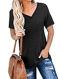 Cindeyar Damen T-Shirt Sommer Kurzarm Oberteile V Ausschnitt Basic Casual Oberteile Tops (324Schwarz Kurzarm,M)