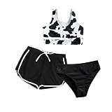 LIEIKIC Bikini Mädchen Badeanzug mit Shorts, Kinder Dreiteiliger Kühe Bademode Set, Träger Top, Badeshorts, Hot Pants Set, Sommer Teenager Badeanzüge Bekleidung für 8-14 Jahre, 130-160