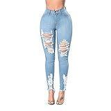 hahashop2 Damen Jeans Hosen Mit Löchern Zerrissene Skinny Jeanshosen High Waist Slim Stretch Straight Hosen Slim Fit Stretch Stylische Boyfriend Jeans mit Löchern Loch Bleistift J