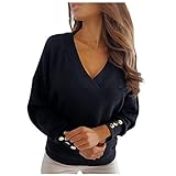 Sweatshirt Damen Langarm Locker Pullover Plus Size Einfarbig Oberteile mit Tasten Frauen Sexy Große Größen V-Ausschnitt Tops Hemd Elegant Herbst Winter Bluse Mädchen Lässig Tunika Basic S