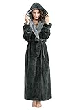 LOFIR Damen Langer Morgenmantel mit Kapuze Frauen Winter Warm Bademantel Fleece Flanell Flauschiges Nachthemd Plüschhalsband Nachtwäsche Lila Grau Blau Rot Nachthemd Leicht H