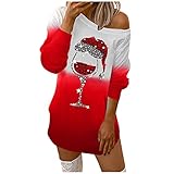 BIBOKAOKE Kleid Damen Off Shoulder Weihnachtskleider Abendkleid Weihnachten Gedruckt Langarm Schulterfrei Pullover Langes Kleid Langarmshirt Casual Sweatshirt für Weihnachten Party