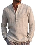 AUDATE Baumwolle Leinenhemd Herren Herbst Winter Hemd Langarm Regular Fit Freizeithemd Shirts Khaki 3XL