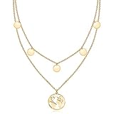 LENIRA® Weltkugel Plättchen Halskette - zarte 5 Coin Welt Kombination für Damen aus Edelstahl mit Gold und Roségold überzogen Kettenlänge verstellbar 40-45 cm (Gold)