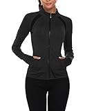 Parabler Laufjacke Damen Sportjacke Trainingsjacke voll Reißverschluss Trainingsanzug mit Daumenloch und Seitentasche Fitness Schwarz M