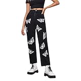 MakeMeChic Damen Jeans mit geradem Bein, Schmetterlingsdruck, Reißverschluss - Schwarz - X